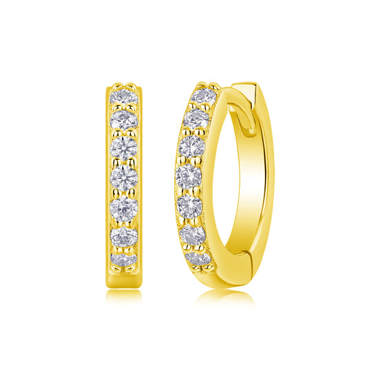 Gold hoop earrings with embedded diamonds on a white background
