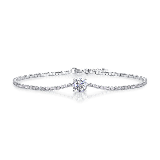 Silver bracelet with a central diamond on a white background
