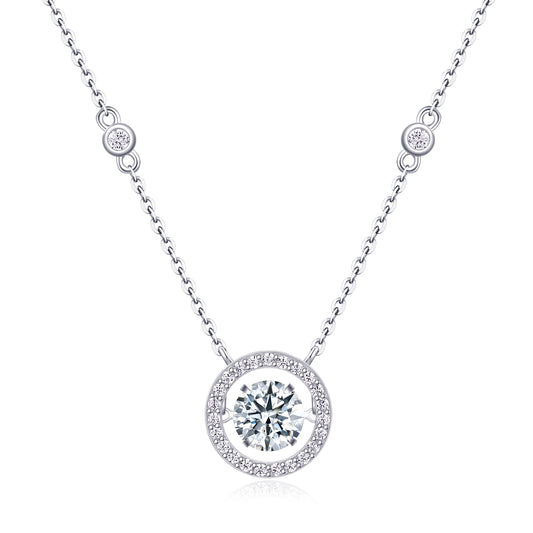 Silver necklace with a round diamond pendant on a white background